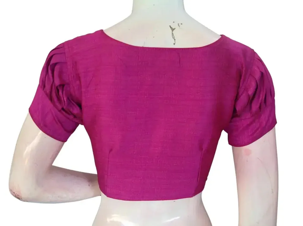 Raw Silk Boat Neck Saree Blouse with Pleated Sleeves | Designer Front Open Readymade Crop Top - Image 7