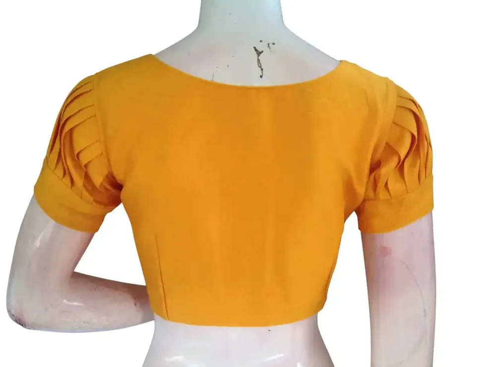 Raw Silk Boat Neck Saree Blouse with Pleated Sleeves | Designer Front Open Readymade Crop Top - Image 8