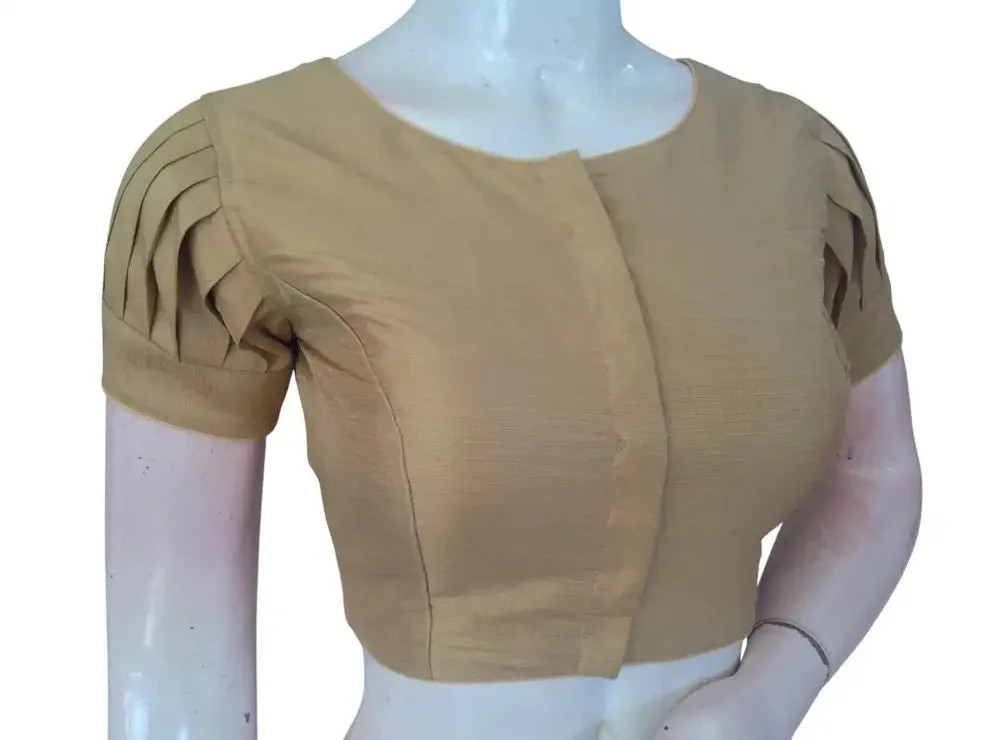 Raw Silk Boat Neck Saree Blouse with Pleated Sleeves | Designer Front Open Readymade Crop Top - Image 9