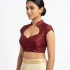 Raw Silk Keyhole Blouse with Mandarin Collar | Padded Cap Sleeve Saree Blouse - Image 3