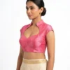 Raw Silk Keyhole Blouse with Mandarin Collar | Padded Cap Sleeve Saree Blouse - Image 4