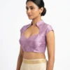 Raw Silk Keyhole Blouse with Mandarin Collar | Padded Cap Sleeve Saree Blouse - Image 5