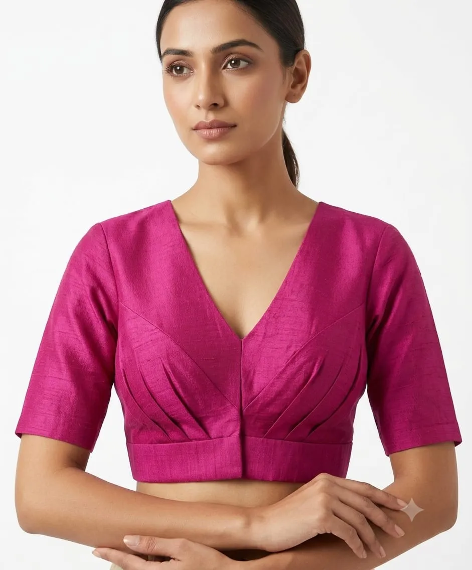 Raw Silk Pleated V-Neck Blouse | Elbow Length Sleeve Saree Blouse with Deep V-Back