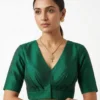 Raw Silk Pleated V-Neck Blouse | Elbow Length Sleeve Saree Blouse with Deep V-Back - Image 3