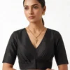 Raw Silk Pleated V-Neck Blouse | Elbow Length Sleeve Saree Blouse with Deep V-Back - Image 4