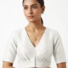 Raw Silk Pleated V-Neck Blouse | Elbow Length Sleeve Saree Blouse with Deep V-Back - Image 5