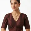 Raw Silk Pleated V-Neck Blouse | Elbow Length Sleeve Saree Blouse with Deep V-Back - Image 7