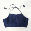 Ready to Wear Navy Blue Raw Silk Halter Neck Saree Blouse | Backless Tie-Up Padded Crop Top - Image 2