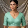 Ready to Wear V-Neck Raw Silk Saree Blouse | Back Potli Button Padded Choli Tops - Image 3