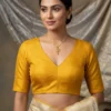 Ready to Wear V-Neck Raw Silk Saree Blouse | Back Potli Button Padded Choli Tops - Image 4