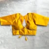 Ready to Wear Yellow Raw Silk Saree Blouse | Plunging V-Neck Lace Border Blouse with Elbow Sleeves & Cutout Back Tie-Up