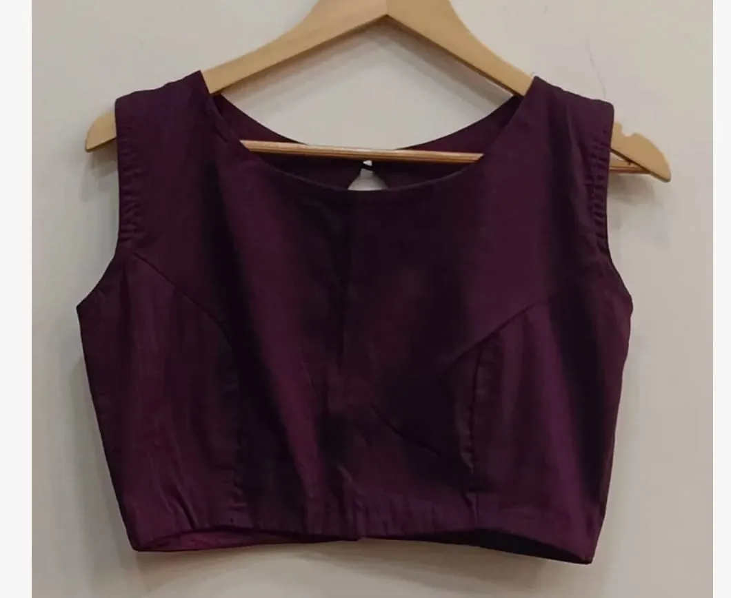 Readymade Boat Neck Sleeveless Saree Blouse | Raw Silk Solid Crop Choli Tops - Image 2