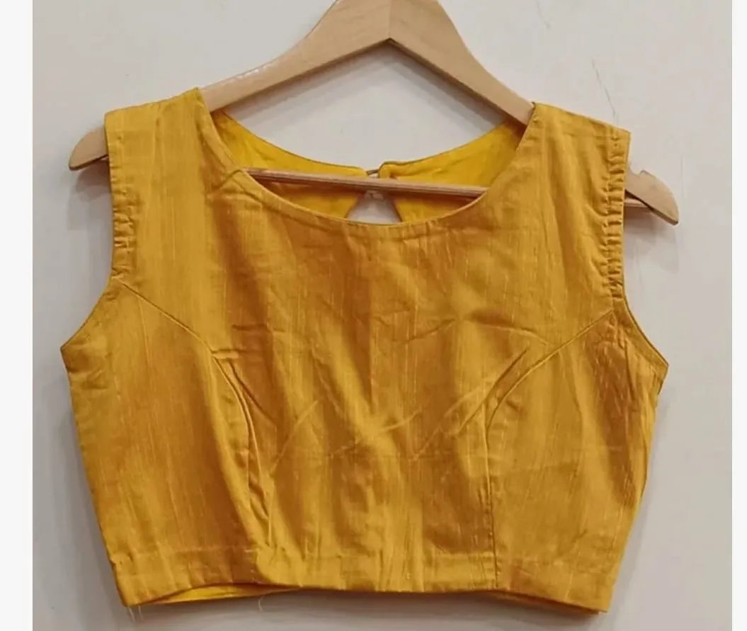 Readymade Boat Neck Sleeveless Saree Blouse | Raw Silk Solid Crop Choli Tops - Image 3