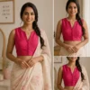 Readymade Sleeveless V-Neck Saree Blouse | Pure Cotton Silk Princess Cut Crop Top - Image 3