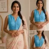 Readymade Sleeveless V-Neck Saree Blouse | Pure Cotton Silk Princess Cut Crop Top - Image 4