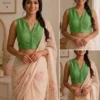 Readymade Sleeveless V-Neck Saree Blouse | Pure Cotton Silk Princess Cut Crop Top - Image 6