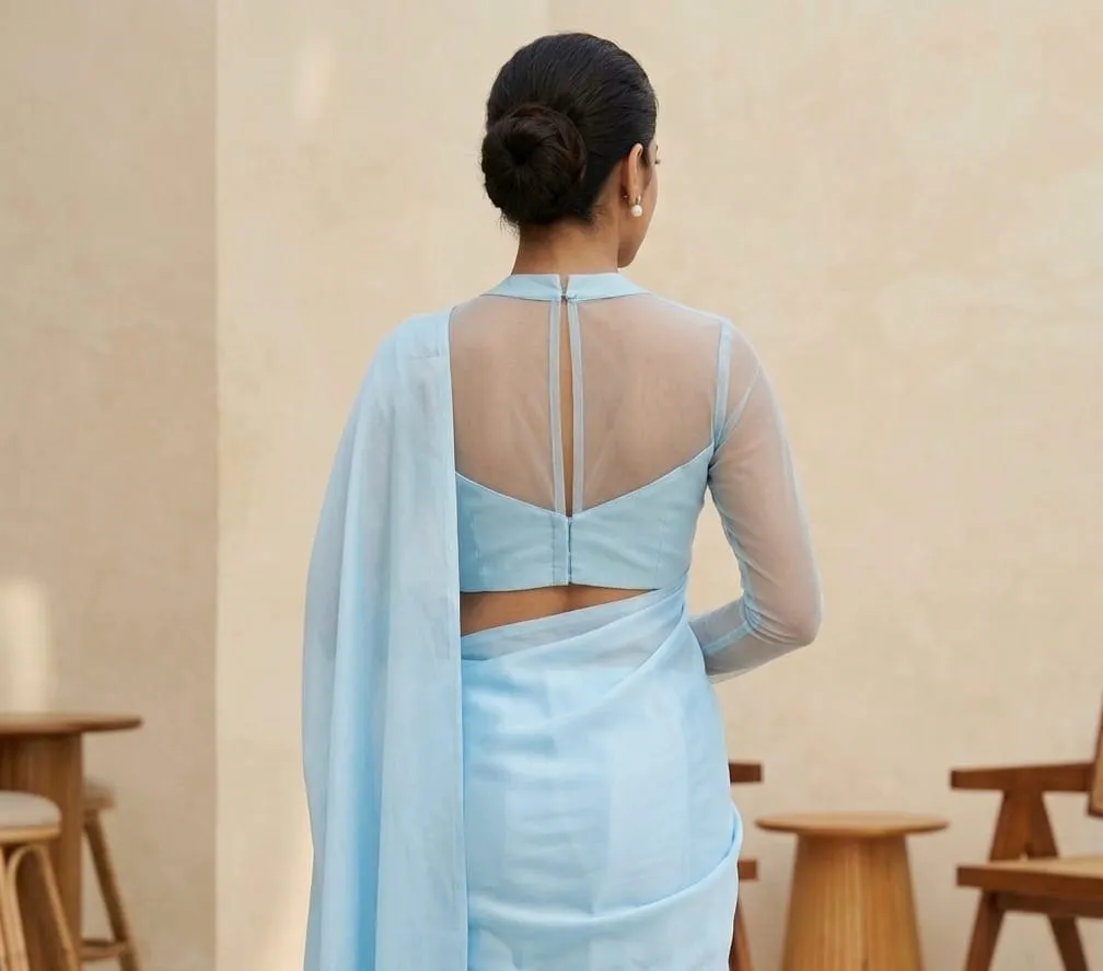 Readymade Sweetheart Collar Neck Saree Blouse with Full Net Sleeves & Sheer Illusion Back