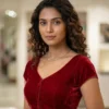 Readymade Velvet Saree Blouse | Cap Sleeve Deep V-Neck Front Hook Choli Top - Image 4