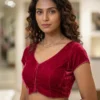 Readymade Velvet Saree Blouse | Cap Sleeve Deep V-Neck Front Hook Choli Top - Image 6