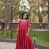 Real Mirror Work Navratri Anarkali Gown with 9 Meter Flair | Embroidered Kora Cotton Festive Long Frock (Size 38–44)