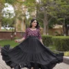 Real Mirror Work Navratri Anarkali Gown with 9 Meter Flair | Embroidered Kora Cotton Festive Long Frock (Size 38–44) - Image 3