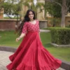 Real Mirror Work Navratri Anarkali Gown with 9 Meter Flair | Embroidered Kora Cotton Festive Long Frock (Size 38–44) - Image 4