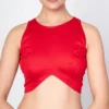 Red Silk Sleeveless Readymade Blouse | High Neck Inverted-V Cut Front Saree Choli