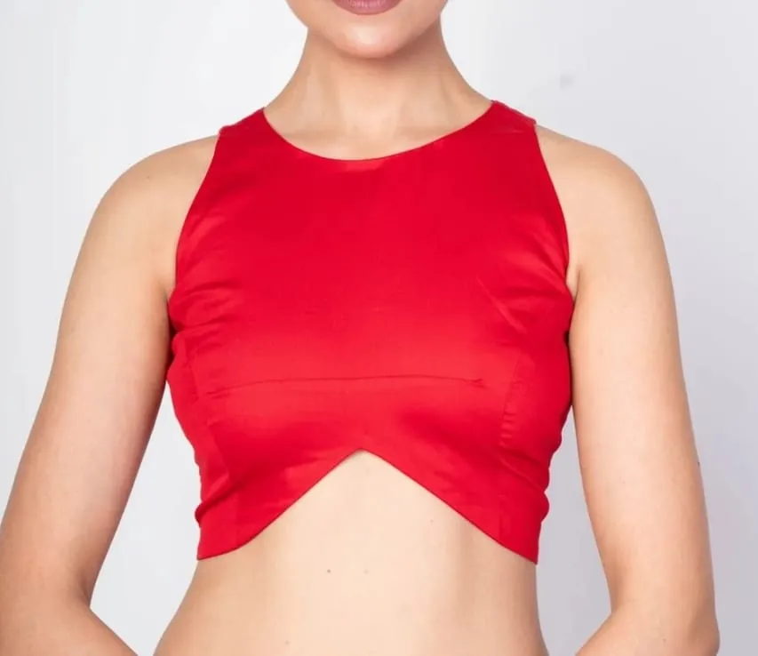 Red Silk Sleeveless Readymade Blouse | High Neck Inverted-V Cut Front Saree Choli