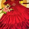 Retro 80s Trend Vichitra Silk 3-Tier Long Frock – Handcrafted Kolam Yoke Festive Gown - Image 12