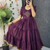 Retro 80s Trend Vichitra Silk 3-Tier Long Frock – Handcrafted Kolam Yoke Festive Gown - Image 15