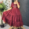 Retro 80s Trend Vichitra Silk 3-Tier Long Frock – Handcrafted Kolam Yoke Festive Gown - Image 17