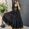 Retro 80s Trend Vichitra Silk 3-Tier Long Frock – Handcrafted Kolam Yoke Festive Gown - Image 18