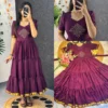 Retro 80s Trend Vichitra Silk 3-Tier Long Frock – Handcrafted Kolam Yoke Festive Gown - Image 19