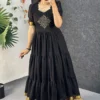 Retro 80s Trend Vichitra Silk 3-Tier Long Frock – Handcrafted Kolam Yoke Festive Gown - Image 23