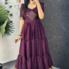 Retro 80s Trend Vichitra Silk 3-Tier Long Frock – Handcrafted Kolam Yoke Festive Gown - Image 25