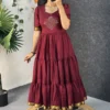 Retro 80s Trend Vichitra Silk 3-Tier Long Frock – Handcrafted Kolam Yoke Festive Gown - Image 5