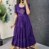 Retro 80s Trend Vichitra Silk 3-Tier Long Frock – Handcrafted Kolam Yoke Festive Gown - Image 6