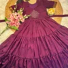 Retro 80s Trend Vichitra Silk 3-Tier Long Frock – Handcrafted Kolam Yoke Festive Gown - Image 7