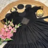 Retro 80s Trend Vichitra Silk 3-Tier Long Frock – Handcrafted Kolam Yoke Festive Gown - Image 9