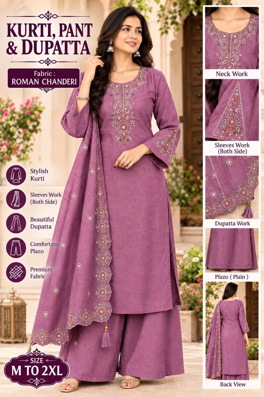 Roman Chanderi Silk Embroidered Kurti Set with Pocket Plazo & Cutwork Dupatta – 3-Piece Festive Ethnic Suit - Image 2