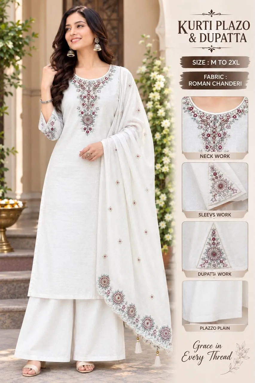 Roman Chanderi Silk Embroidered Kurti Set with Pocket Plazo & Cutwork Dupatta – 3-Piece Festive Ethnic Suit - Image 8
