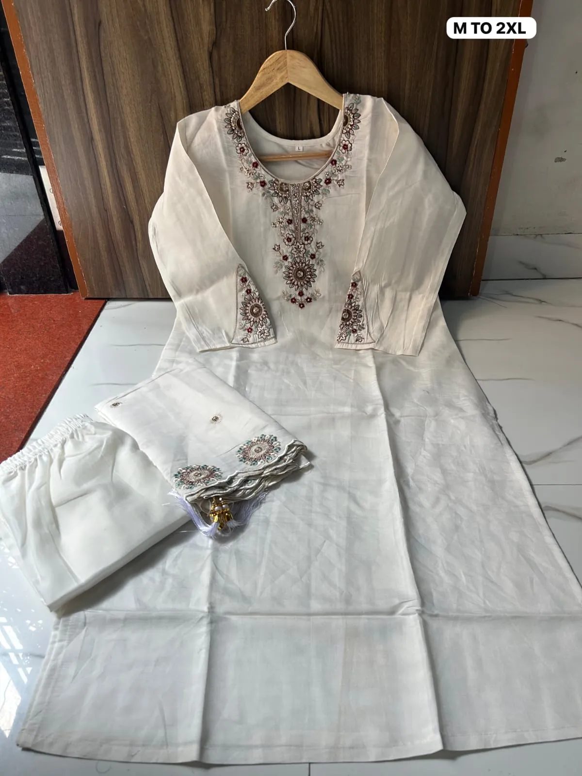Roman Chanderi Silk Embroidered Kurti Set with Pocket Plazo & Cutwork Dupatta – 3-Piece Festive Ethnic Suit - Image 9