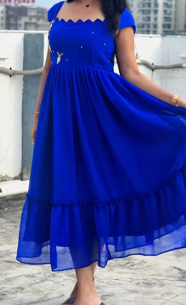 Royal Blue Embroidered Scalloped Midi Dress | Designer Party Wear Ruffled Gown