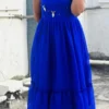 Royal Blue Embroidered Scalloped Midi Dress | Designer Party Wear Ruffled Gown - Image 2