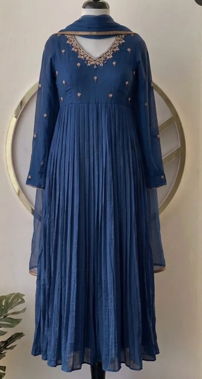 Royal Blue Pleated Anarkali Suit Set with Dupatta | Designer Ethnic Wear