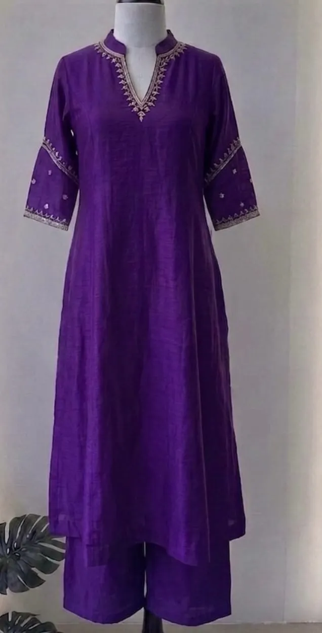 Royal Purple Raw Silk Kurta Pant Set with Zardozi Embroidered Collar & Bell Sleeves | Festive Co-ord Set for Women