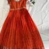 Rust Orange Pure Silk Long Frock with Zari Border | Pleated Bridal Pattu Anarkali Gown with Maggam Work Yoke - Image 2