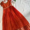 Rust Orange Pure Silk Long Frock with Zari Border | Pleated Bridal Pattu Anarkali Gown with Maggam Work Yoke - Image 3