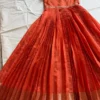 Rust Orange Pure Silk Long Frock with Zari Border | Pleated Bridal Pattu Anarkali Gown with Maggam Work Yoke - Image 4