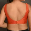 Rust Orange Raw Silk Sleeveless Saree Blouse – Deep V-Neckline Low U-Back Designer Crop Top